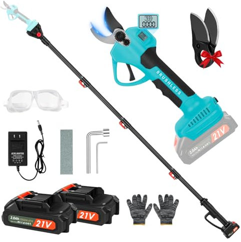 40mm Akku Astschere, 2-in-1 Telescopic Elektrische Gartenschere mit 2 Stück 21V 2000mAh Akkus & Ersatzklingen Set, Maximum Range up to 4.57 m, Elektrische Baumschere, Astschneider, Gartenschere