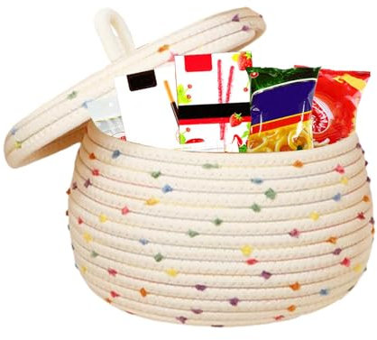 Humdcdy Korb aus Baumwollseil – dekorativer Aufbewahrungskorb mit Deckel, runder Baby-Kinderzimmerkorb mit Deckel, Regenbogen-Pompons, waschbar für Regale, Spielzeug, Bücher, Decke, Kissen