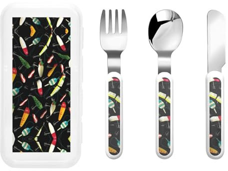Set di posate da pesca con stampa di esche da pesca, cucchiai e forchette sicure, acciaio inossidabile, lavastoviglie Sa