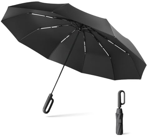 RainHaven Windproof Compact Umbrella – Automatic Open Close Folding Umbrella for Travel, Lightweight & Small, Black with Hook Handle & Case