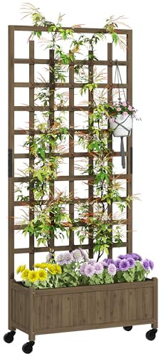 Outsunny Wooden Trellis Planter, Raised Beds for Garden with Wheels and Drainage Holes, Privacy Screen Planter Box to Grow Vegetables, Herbs and Flowers for Garden, Patio, Deck, Brown
