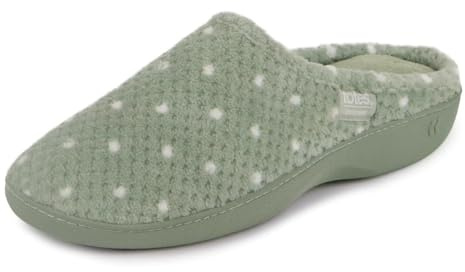 Isotoner® Ladies Popcorn Terry Mule Slippers, Pillowstep® Memory Foam with 360° Surround Comfort, Secret Sole Support, Durable Sole, Machine Washable, Sage Green (Green), 6 UK