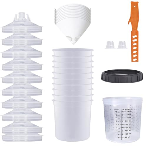 10Pcs 20oz(600ml) Disposable Paint Mixing Cups for HVLP LVLP Spray Gun | Paint System with 10 Cups and Lids, 1 Adapter, 1 Hard Cup with Retainer Ring, 10 Paint Strainers, 2 Plugs and 1 Paint Stirrer