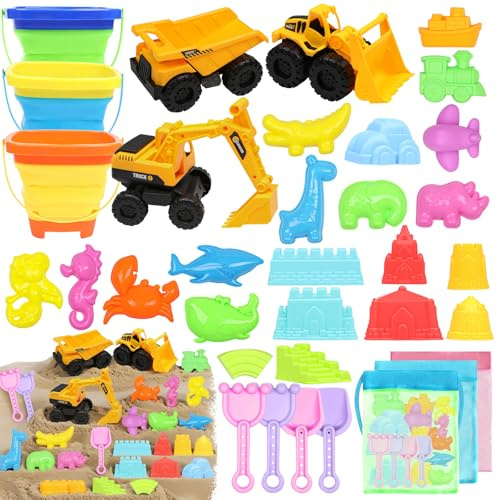 wokdsbl 34PCS Sandspielzeug Strandspielzeug Kinder, Reise Sandspielzeug mit Faltbarer, Eimer Kinder Bagger Sandkasten Spielzeug, Sandförmchen, Tasche, Gartenspielzeug ab 3 Jahr Mädchen Junge