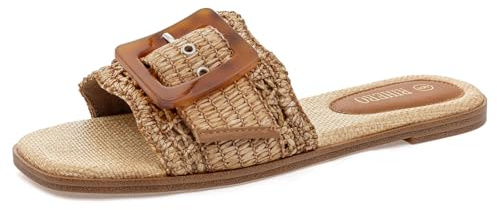Rihero Women's Flat Sandals Raffia Slip On Beach Slide Sandals Open Toe Comfortable Dressy Buckle Woven Brown Slides Brown Size 7.5