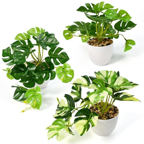 Huucozn 3 PCS Mini Plantas Artificiales Decorativas, Planta Artificial Pequeña con Maceta, Mini Plantas Artificiales con Hoja de Tortuga, Planta Artificial Pequeña Colgante para Baño Hogar Oficina