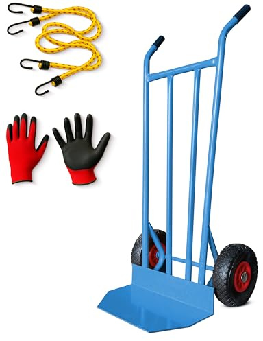Carretilla de Mano 350 kg Industrial con Estructura de Acero y Ruedas reforzadas neumaticos hinchables Carro de Carga Cajas almacen Muebles Jardin y Obras Carrillo de Seguridad Azul metalico