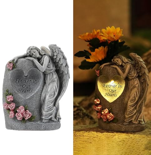 VEEKI Solar Cemetery Vases for Grave, Resin Angel Headstones Vases with Spikes for Fresh Artificial Flowers, Grave Markers for Cemetery Memorial Day Decor, Memorial Gifts for Loss of Loved One (Grey)