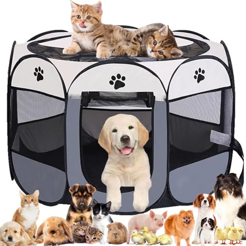 Pet Playpen Portable Dog Pen Foldable Pop Up Cat Play Pen, Oxford Fabric Soft Dog Crate Cage Puppy Pen for Indoors Outdoor Travel, Cat Tent Whelping Box for Kitten Rabbit Hamster Guinea Pig (Grey M)