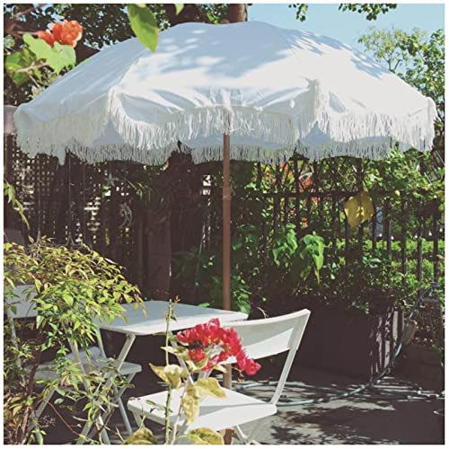 ApuaVireo&Co Ombrellone da Spiaggia Rotondo da Giardino, 200 cm, con Frange e inclinazione, 8 Stecche, palo in Poliestere/Ferro, Senza Base, Bianco