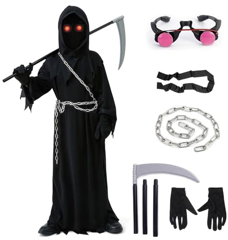 Betensh Costume Halloween Bambino Morte, Grim Reaper Costume, Completo di Occhiali Luminosi + Falce Della Morte + Catena + Guanti, Adatto a Bambini dai 5 ai 14 anni.