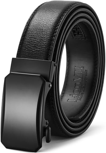 LionVII Cintura da uomo con cricchetto automatico, cintura regolabile da 3,5 cm, in vera pelle per tempo libero e lavoro, ritagliabile per 75-125 cm (30-49) vita, Nero - Forza