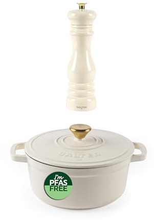 Salter Chester Cast Iron Casserole & Mill Set - 3.4L Cap., 24cm Dutch Oven/Stock Pot with Single Manual Twist, Refillable Salt & Pepper Grinders, Enamel Coated, Self-Basting Lid, PFAS-Free, Cream | Enamel-Coated Body, Self-Basting Lid, PFAS-Free Coating, Oven Safe 240°C, All Hob Types Including Induction, Refillable Mills