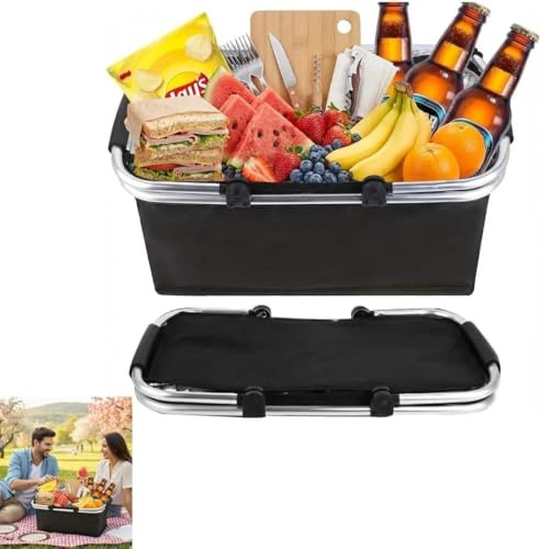 Shoppingkorg, vikbar, termisk som picknickkorg, bärkorg, kylbox bärbar med vadderade handtag, för resor, shopping, picknick, 47 liter, 1 st (svart)