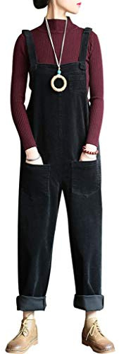 Bigassets Women's Cotton Corduroy Jumpsuits Playsuit Trousers Pants Dungarees with Pockets Black M
