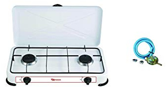 XONE Kit Fornello Gas GPL 2 fuochi + REGOLATORE Bassa Pressione Fissa + Fascette | Fornello Acciaio smaltato, Consumo 2,2 kW (160 g/h) | Fornello Campeggio Dimensioni: 58 x 33 x 9cm, Peso 3kg