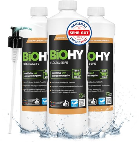 BiOHY Flüssig Seife (3 x 1 liter) + Pumpspender | Hautschonende, rückfettende Handseife | PHOSPHATFREI | Geruchsneutral für Spülküchen, Gastronomie & Sanitärbereiche | Ohne Parfüm & Farbstoffe