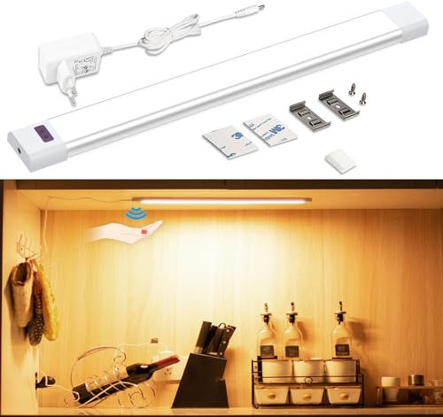 WOBANE Barra Led Sottopensile Cucina, Lampada Sottopensile Cucina led con Sensore Senza Contatto Dimmerabile, 30 cm Luce Led Adesiva con Presa per Illuminare Mensola,Mobile, Bianco Caldo 2700K