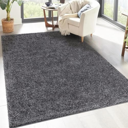 carpet city Shaggy Hochflor Teppich - 200x290 cm - Anthrazit - Langflor Wohnzimmerteppich - Einfarbig Uni Modern - Flauschig-Weiche Teppiche Schlafzimmer Deko