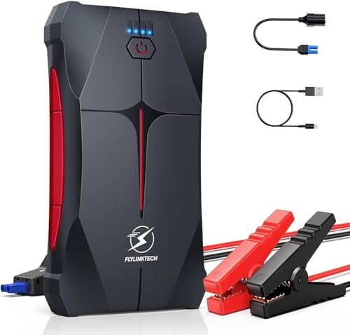 FLYLINKTECH Starthilfe Powerbank für Pkw 4000A, 12V Tragbare Auto Starthilfe（Bis zu 9L Benzin/8.5L Diesel, IP67 Wasserdicht Starter Powerbank mit Starthilfekabel, LED, USB-Ausgang und USB-C-Eingang