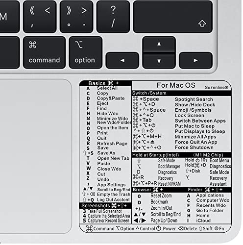 Se7enline Mac OS Keyboard Shortcuts Vinyl Sticker Long-Lasting No-Residue Adhesive Compatible with all MacBook Air or Pro M1/M2/Intel Premium Decal | 2 PCS Long-Lasting No-Residue Adhesive All MacBook Air or Pro M1/M2/Intel Premium Decal, Transparent