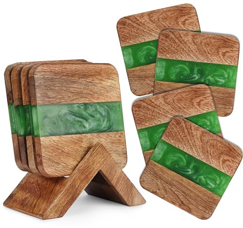 Ajuny Holz Untersetzer für Gläser mit Halter 4er-Set Handgefertigt aus Holz und Harz Quadratische Grün Dekorativ Tischschutz für Getränke Tassen Bierdeckel Heim Küche Büro und Bar Dekor