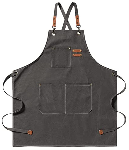 BOOWEN Delantal de Cocina Ajustable Mandiles Lona de Algodón con 3 Bolsillos Grandes Mandil Hombre Resistente al Agua y Antimanchas Delantales para Jardín, Taller, Trabajo (Gris)
