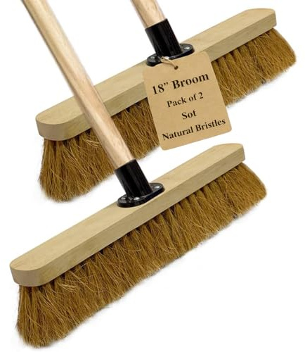 EDS 18” Soft Broom Indoor & Outdoor Sweeping Brush with Wooden Handle Natural Coco Bristles for Floor Room Kitchen Warehouse Lightweight & Durable Floor Brush (Pack of 2)