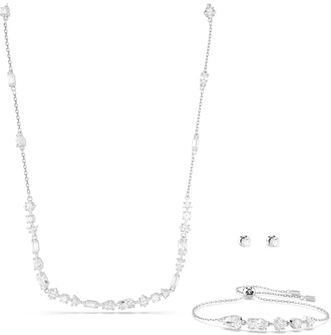 Swarovski Parure Mesmera composée de clous d'oreilles, d'un collier, et d'un bracelet au motif éparpillé de cristaux blancs, en métal rhodié