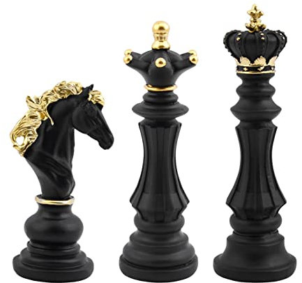 EMVANV 3pcs Kleine Schachstatue Dekor Set Harz Figur Schachfigur König + Königin + Ritter Set für Büro, Zuhause, Arbeitszimmer (Schwarz)