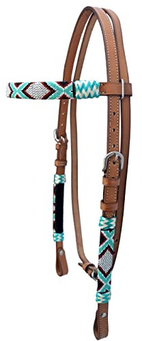 WeavingCraft Western Horse Headstall Full Size – Adjustable Hand Braided Genuine Leather Bridle with Rawhide Knotting, Stitched Accents & Multicolor Beads, Western Riding Tack, Brown