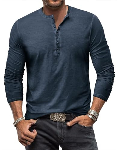 YawYews Maglia Manica Lunga Uomo Maglietta Cotone Uomo T Shirt Manica Lunga Aderente Lunghe Vintage retrò Blu M
