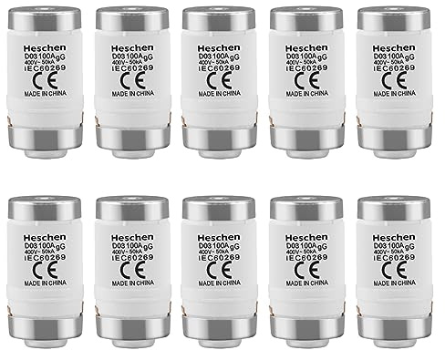 Heschen Eslabones fusibles cerámicos Neozed, eslabón fusible tipo D0, D03, 100A 400VAC, tipo gL/gG, 10 unidades