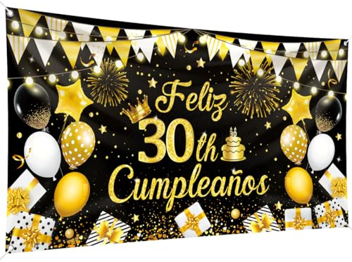 Pancarta fondo Feliz Cumpleaños 200 x 110 cm, tamaño grande, pancarta feliz cumpleaños, pancarta fondo negro y dorado, suministros decoración fiesta cumpleaños, celebración fiesta cumpleaños (30th)