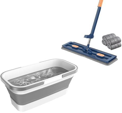 TONGFENG Flachmopp Set Mit Eimer | 2023 Großer Wischmopp Set mit Eimer | Bodenwischer mit Auswringfunktion | 360° Drehgelenk | Großer Faltbarer Tragbarer Moppeimer für Hartholz Laminat, Fliesen
