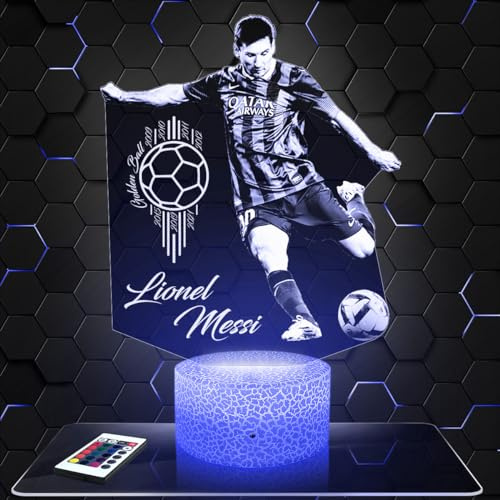 Lampephoto.fr - Lampe L. Messi 3D Nachtlicht Fußball | Made in France, Sockel wählbar, dimmbar, Batterie/USB, HD-Lasergravur, Geschenk für Fußballfans