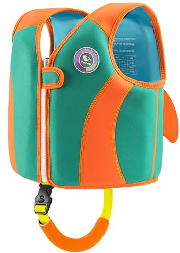 Pottwal Swim Vest for Kids - Swim Jacket for 3-6 Years (40-66LBS) - Made of Neoprene & EPE - with Adjustable Crotch Strap - Orange Green