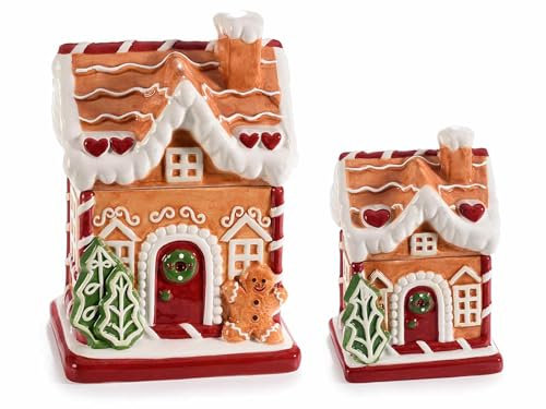 Gruppo Maruccia - Barattoli per Dolci e Alimenti in Ceramica Decorata - A Forma do Casetta Natalizia Pan di Zenzero - Set da 2 - Idea Regalo Natale