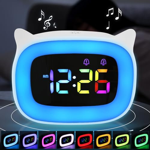Kinderwecker, Wecker Digital Kinder Wecker für Kinder Wecker mit Licht Wecker Kinder Mädchen Jungen Kinder Wecker Mit Snooze Funktion mit Nachtlicht 18 Klingeltöne DualAlarms Snooze Modi 12/24 Stunden