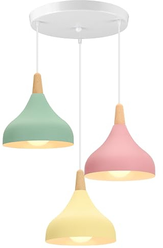 iDEGU 3-flammig Hängelampe Retro E27 Hängeleuchte Moderne Tropfenförmig Lampenschirm Pendelleuchte aus Metall Holz Vintage Lampe für Wohnzimmer Küche Schlafzimmer Esszimmer (Rondell,Grün+Rosa+Gelb)