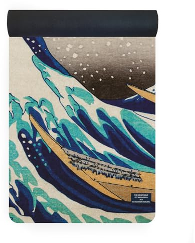 Yoga Studio Vegan Suede Microfiber Mat - 183cm x 61cm, 4mm Natural Tree Rubber for Power and Hot Yoga, Silicone-Free (The Great Wave off Kanagawa)