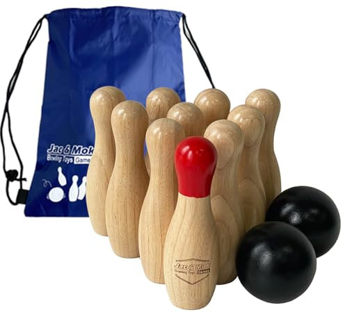 Jac & Mok Bowling Set -Kegelspiel aus Holz - Dosenwerfen Bowling Spiel Outdoor & Indoor Spielzeug (10 Kegel und 2 Bälle, 15cm Höhe)