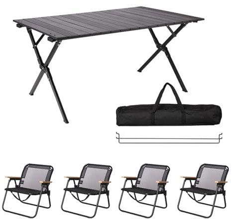 Tragbares Campingmöbel-Set mit 5 Stück, klappbarer Campingtisch mit 4 Stühlen, Aluminium-Picknicktisch, Faltbarer Rasenstuhl mit Aufbewahrungstaschen, für Strand, Angeln, Wandern, Grillen
