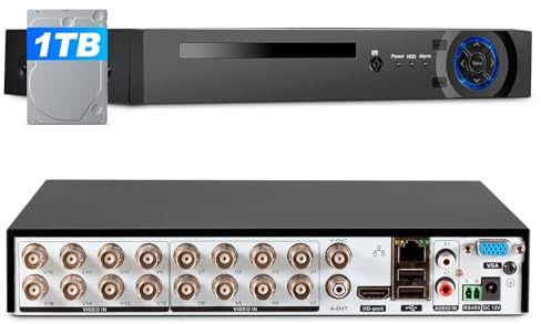 16 Channel Security Recorder DVR, 5MP Hybrid 6-in-1 Surveillance Digital Video Recorder for up tp 5MP AHD/TVI/CVI/CVBS/IP/XVI Camera, Human Detection, Remote Access(with 1TB Hard Drive)