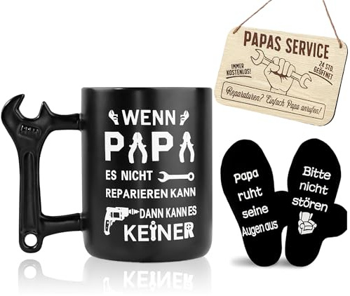 Papa Geschenke Kaffeebecher mit Schraubenschlüssel Griff,Geschenk für Geburtstag,Weihnachten,Vatertag mit Lustige Socken und Holzschild,Vatertagsgeschenk Geschenke für Papa 400ml Tasse