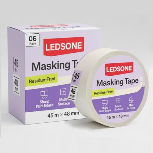 LEDSone White Masking Tape 48mmx50m Crepe Paper 6 Pack Professional | Easy tear crepe paper | Clean residue-free removal | Strong multi-surface adhesive | No paint bleed sharp lines