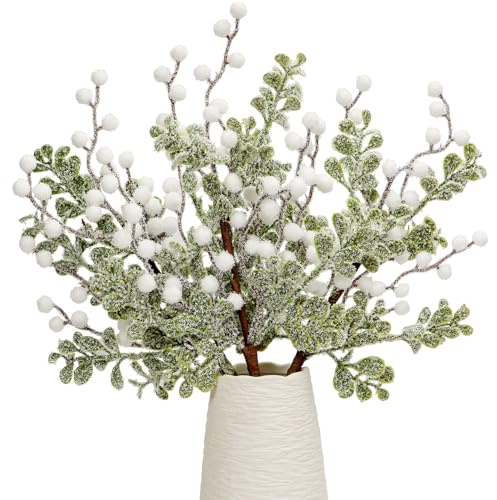Confezione da 3 bastoncini artificiali di vischio, bacche innevate di Natale, bacche ghiacciate, fiocchi di neve, bacche di agrifoglio, ornamenti per albero di Natale, artigianato fai da te (bacche