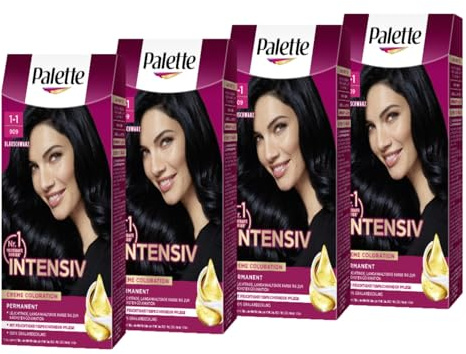 Palette Intensiv Creme Coloration 1-1/909 Blauschwarz (4 x 115 ml), permanente Haarfarbe für leuchtende, langanhaltende Farbbrillanz & 100% Grauabdeckung