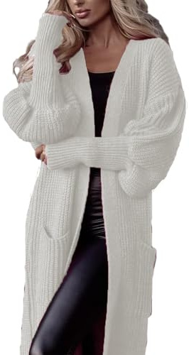 Dam oversize tröja lång – kofta dam långa stora storlekar lyktärmar stickad kofta med ficka öppen front cardigan ledig lös långärmad stickad kofta övergångskofta vinterrock, Vit, 3XL