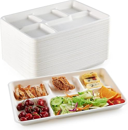 Disposable 5 Compartment Bagasse Plates (11 x 9 inch, 50 Pack) – Heavy Duty Biodegradable Meal Trays | Compostable Paper Plates, Eco-Friendly Food-Safe Divided Tray for Parties Lunch Catering